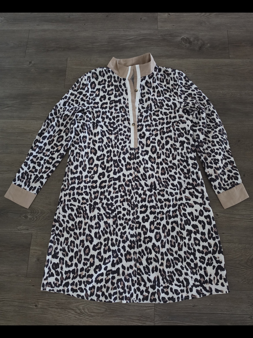 Leopard Print Tunic Dress with Beige Trim